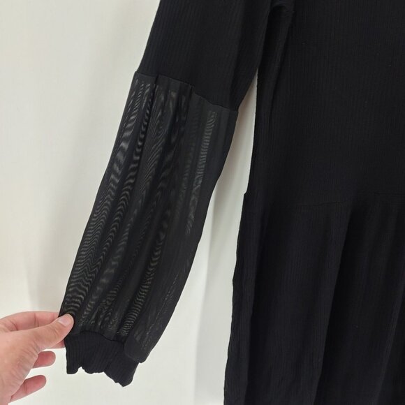GYFT Sz L Tunic Top Sheer Sleeve Ribbed Knit Mock Neck Black Mini Dress Casual - Picture 5 of 11